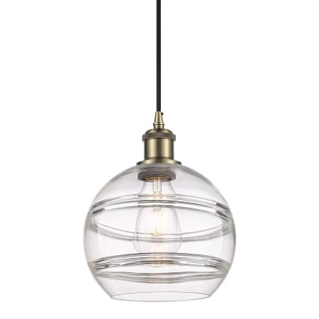 Innovations Lighting Rochester 8" Wide Mini Pendant with Shade Antique Brass / Clear