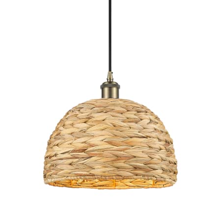 Innovations Lighting Woven Rattan 12" Wide Pendant with Shade Antique Brass / Natural