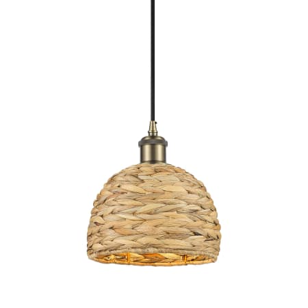 Innovations Lighting Woven Rattan 8" Wide Mini Pendant with Shade Antique Brass / Natural