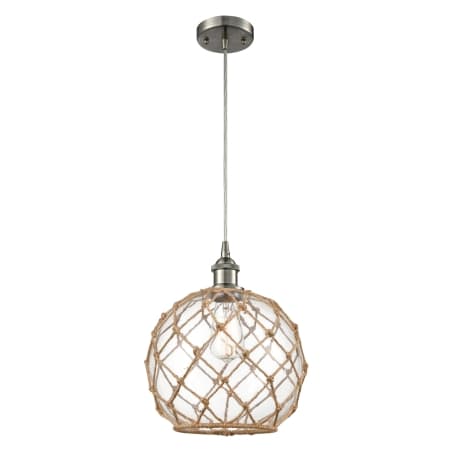 Innovations Lighting Large Farmhouse Rope 10" Wide Mini Pendant - Cord Suspension Brushed Satin Nickel / Clear Glass with Brown Rope