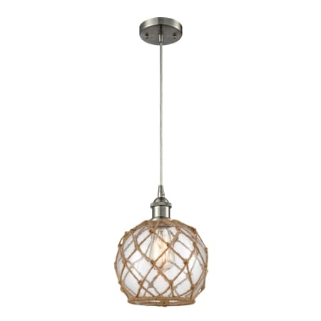 Innovations Lighting Farmhouse Rope 8" Wide Mini Pendant - Cord Suspension Brushed Satin Nickel / Clear Glass with Brown Rope