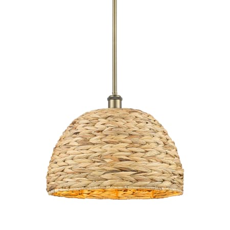 Innovations Lighting Woven Rattan 16" Wide Pendant Antique Brass / Natural