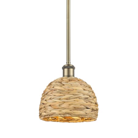 Innovations Lighting Woven Rattan 8" Wide Mini Pendant Antique Brass / Natural