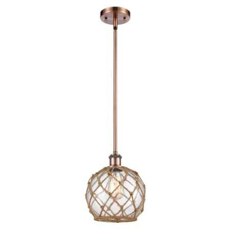Innovations Lighting Farmhouse Rope 8" Wide Mini Pendant Antique Copper / Clear Glass with Brown Rope