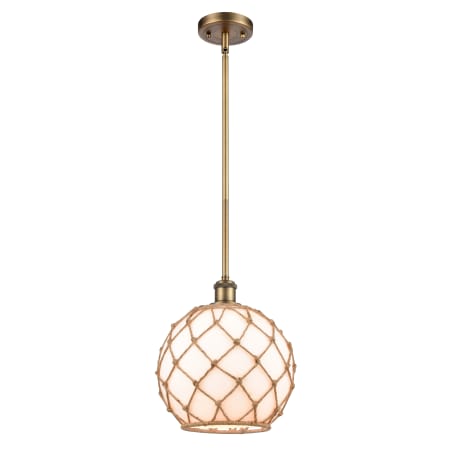 Innovations Lighting Large Farmhouse Rope 1 Light Pendant Brushed Brass / White Large Farmhouse Glass / Brown Rope