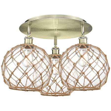 Innovations Lighting Farmhouse Rope 3 Light 22" Wide Semi-Flush Ceiling Fixture Antique Brass / Clear Glass with Brown Rope