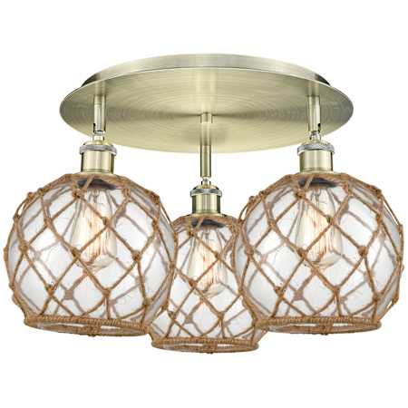 Innovations Lighting Farmhouse Rope 3 Light 20" Wide Semi-Flush Ceiling Fixture Antique Brass / Clear Glass with Brown Rope
