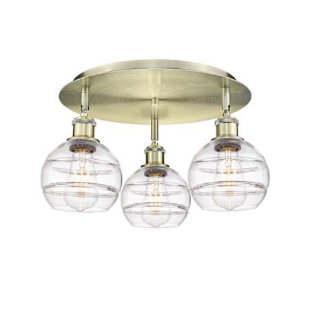Innovations Lighting Rochester 3 Light 18" Wide Flush Mount Ceiling Fixture Antique Brass / Clear