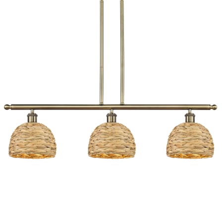 Innovations Lighting Woven Rattan 3 Light 36" Wide Linear Pendant Antique Brass / Natural