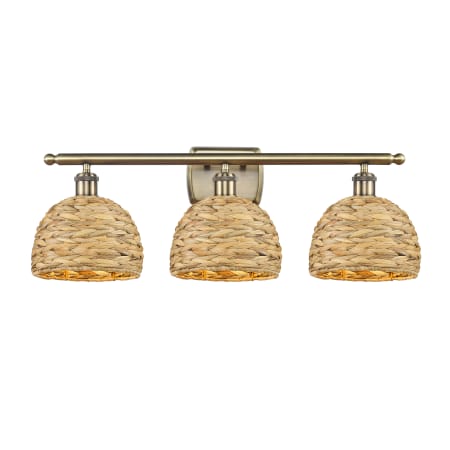 Innovations Lighting Woven Rattan 3 Light 28" Wide Vanity Light Antique Brass / Natural
