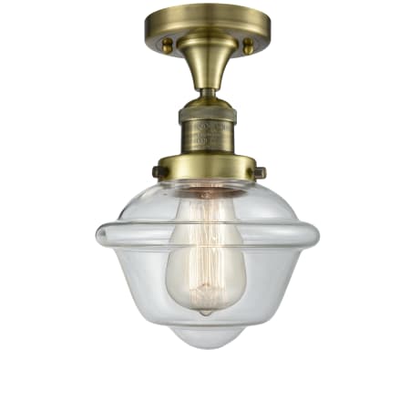 Innovations Lighting Small Oxford Single Light 8" Wide Semi-Flush Ceiling Fixture Antique Brass / Clear