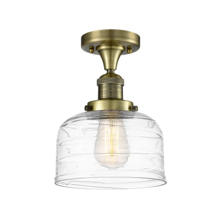 Innovations Lighting Bell 8" Wide Semi-Flush Ceiling Fixture Antique Brass / Clear Deco Swirl