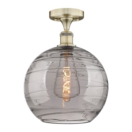 Innovations Lighting Athens Deco Swirl 12" Wide Semi-Flush Ceiling Fixture Antique Brass / Light Smoke Deco Swirl