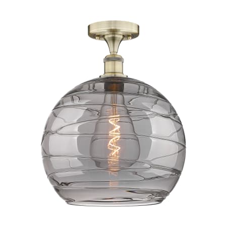 Innovations Lighting Athens Deco Swirl 14" Wide Semi-Flush Ceiling Fixture Antique Brass / Light Smoke Deco Swirl