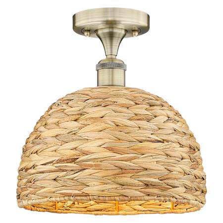 Innovations Lighting Woven Rattan 12" Wide Semi-flush Ceiling Fixture Antique Brass / Natural