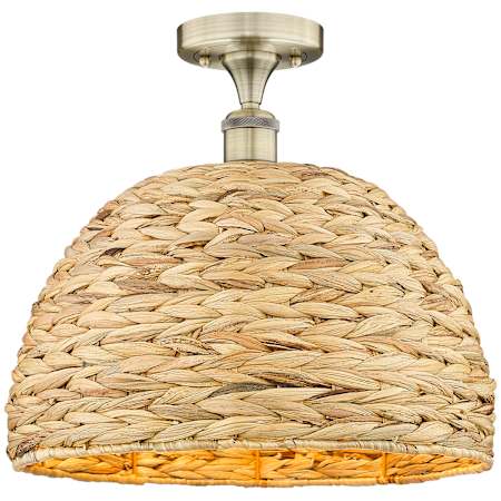 Innovations Lighting Woven Rattan 16" Wide Semi-flush Ceiling Fixture Antique Brass / Natural