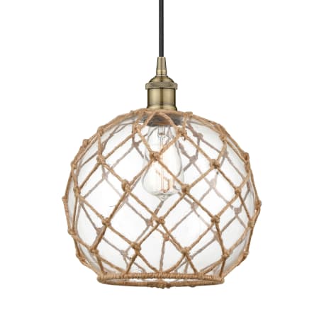 Innovations Lighting Farmhouse 10" Wide Pendant Antique Brass / Clear Glass / Brown Rope