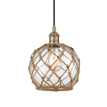 Innovations Lighting Farmhouse 8" Wide Mini Pendant Antique Brass / Clear Glass with Brown Rope