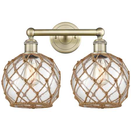 Innovations Lighting Farmhouse Rope 2 Light 17" Wide Vanity Light Antique Brass / Clear Glass with Brown Rope