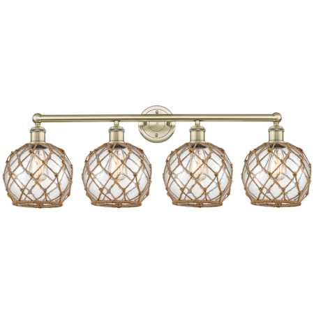 Innovations Lighting Farmhouse Rope 4 Light 35" Wide Vanity Light Antique Brass / Clear Glass with Brown Rope