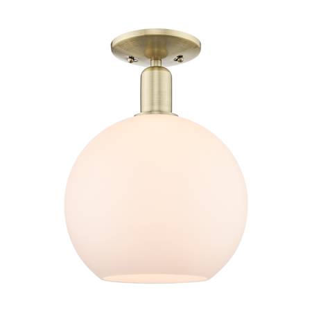 Innovations Lighting Athens 10" Wide Semi-Flush Globe Ceiling Fixture Antique Brass / Matte White