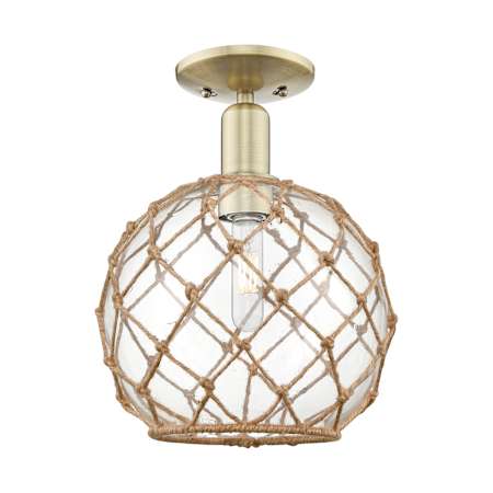 Innovations Lighting Farmhouse Rope 10" Wide Semi-Flush Globe Ceiling Fixture Antique Brass / Clear Glass with Brown Rope