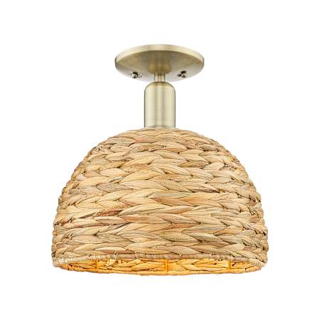 Innovations Lighting Woven Rattan 12" Wide Semi-flush Ceiling Fixture Antique Brass / Natural