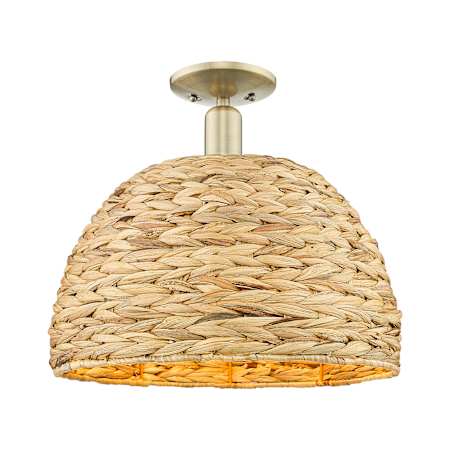 Innovations Lighting Woven Rattan 16" Wide Semi-flush Ceiling Fixture Antique Brass / Natural