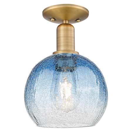 Innovations Lighting Brookhaven Globe 8" Wide Semi-Flush Globe Ceiling Fixture with Sapphire Blue Glass Shade Brushed Brass