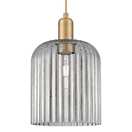 Innovations Lighting Bridal Veil 8" Wide Cord Hung Mini Pendant with Light Smoke, Ribbed Glass Shade Brushed Brass