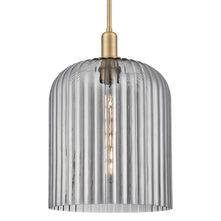 Innovations Lighting Bridal Veil 12" Wide Pendant with Light Smoke, Ribbed Glass Shade Brushed Brass