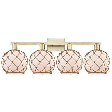 Innovations Lighting Farmhouse Rope 4 Light 35" Wide Vanity Light Antique Brass / White Glass with Brown Rope