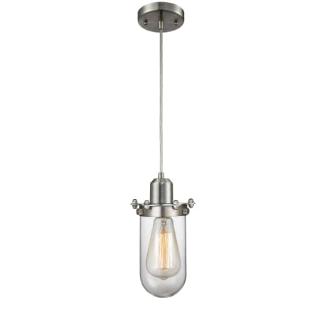 Innovations Lighting Centri 5" Wide Mini Pendant - Cord Suspension - ST18 Bulb Compatible Brushed Satin Nickel / Clear