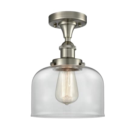 Innovations Lighting Large Bell 8" Wide Semi-Flush Ceiling Fixture Brushed Satin Nickel / Clear