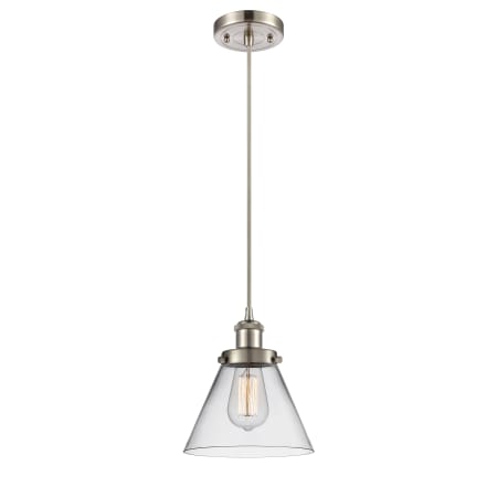 Innovations Lighting Large Cone 8" Wide Mini Pendant - Cord Hung Brushed Satin Nickel / Clear
