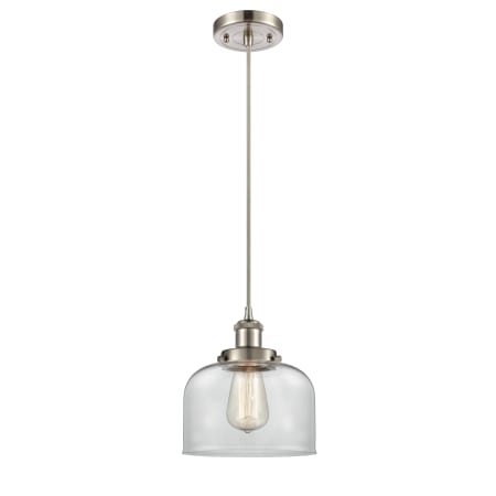 Innovations Lighting Large Bell 8" Wide Mini Pendant - Cord Hung Brushed Satin Nickel / Clear