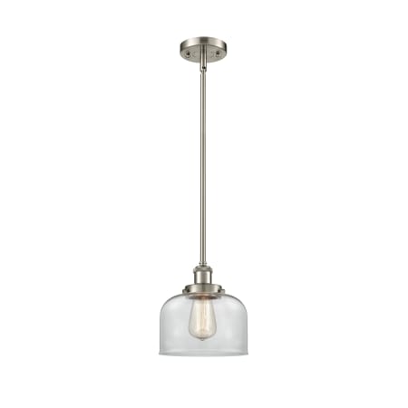 Innovations Lighting Large Bell 8" Wide Mini Pendant - Rod Hung Brushed Satin Nickel / Clear