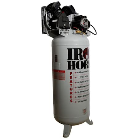 Iron Horse 3 HP 60 Gal 150 Max PSI 11.2 CFM Single-Stage Stationary Electric (208, 230 Volt 1 Phase) Reciprocating Air Compressor N/A