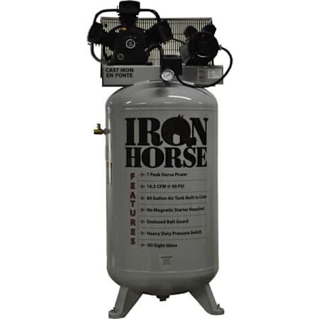 Iron Horse 5 HP 80 Gal 150 Max PSI 16.5 CFM Single-Stage Stationary Electric (208, 230 Volt 1 Phase) Reciprocating Air Compressor N/A