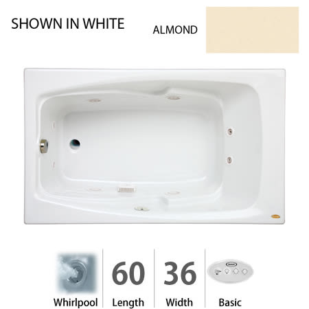 Jacuzzi 60" x 36" Cetra&reg; Drop In Comfort Whirlpool Bathtub with 8 Jets, Basic Controls, Chromatherapy, Heater, Left Drain and Right Pump Almond