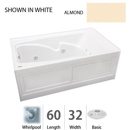 Jacuzzi 60" x 32" Cetra® Three Wall Alcove Comfort Whirlpool Bathtub with 8 Jets, Basic Controls, Left Drain and Right Pump Almond