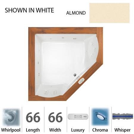Jacuzzi 66" x 66" Fuzion Drop In Corner Luxury Whirlpool Bathtub with 15 Jets, Luxury Controls, Chromatherapy, Heater - Integrated Drain Assembly Included Almond