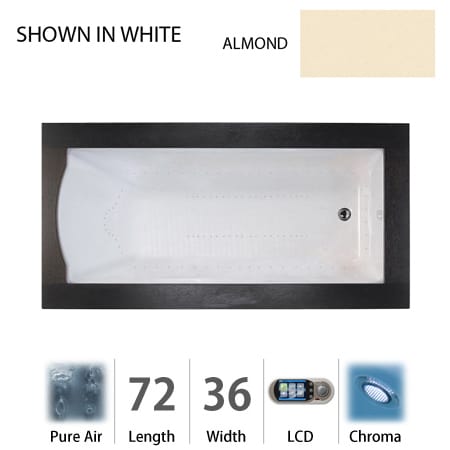 Jacuzzi 72" x 36" Fuzion Drop In Luxury Pure Air®; Bathtub with LCD Controls, Chromatherapy, Right Drain and Left Blower - Integrated Drain Assembly Included Almond