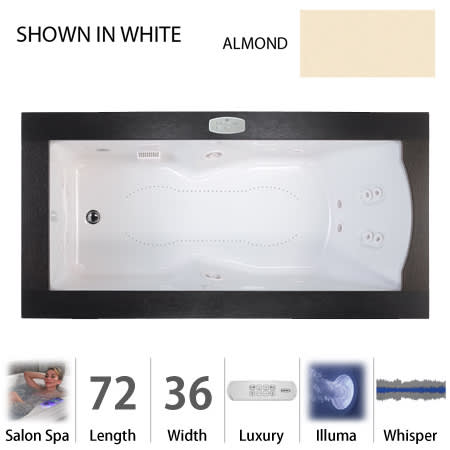 Jacuzzi 72" x 36" Fuzion Drop In Luxury Salon Spa Bathtub with 14 Jets, Luxury Controls, Illumatherapy, Heater, Right Drain and Left Pump - Integrated Drain Assembly Included Almond