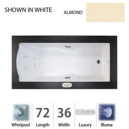 Jacuzzi 72" x 36" Fuzion Drop In Luxury Whirlpool Bathtub with 14 Jets, Luxury Controls, Illumatherapy, Heater, Right Drain and Left Pump - Integrated Drain Assembly Included Almond