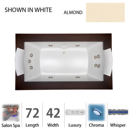 Jacuzzi 72" x 42" Fuzion Drop-In Luxury Salon Spa Bathtub with 11 Jets, Luxury Controls, Chromatherapy, Heater, Center Drain and Right Pump - Integrated Drain Assembly Included Almond