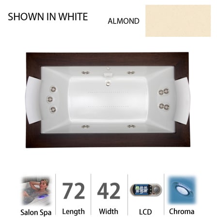Jacuzzi 72" x 42" Fuzion Drop-In Luxury Salon Spa Bathtub with 11 Jets, LCD Controls, Chromatherapy, Heater, Center Drain and Right Pump - Integrated Drain Assembly Included Almond