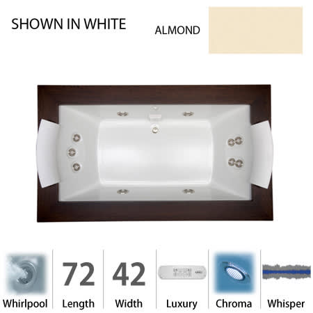 Jacuzzi 72" x 42" Fuzion Drop In Luxury Whirlpool Bathtub with 14 Jets, Luxury Controls, Chromatherapy, Heater, Center Drain and Right Pump - Integrated Drain Assembly Included Almond