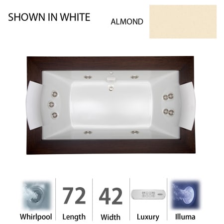 Jacuzzi 72" x 42" Fuzion Drop In Luxury Whirlpool Bathtub with 14 Jets, Luxury Controls, Illumatherapy, Heater, Center Drain and Right Pump - Integrated Drain Assembly Included Almond