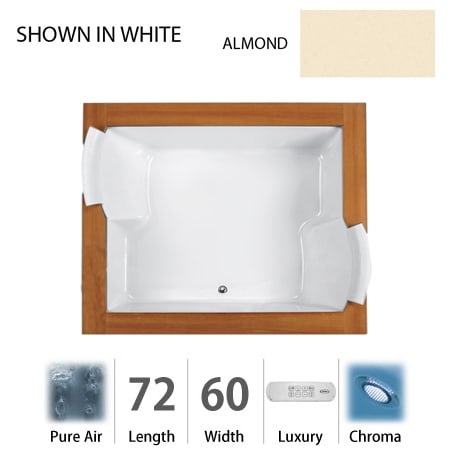Jacuzzi 72" x 60" Fuzion Drop In Luxury Pure Air®; Bathtub with Luxury Controls, Chromatherapy, Center Drain and Right Blower - Integrated Drain Assembly Included Almond